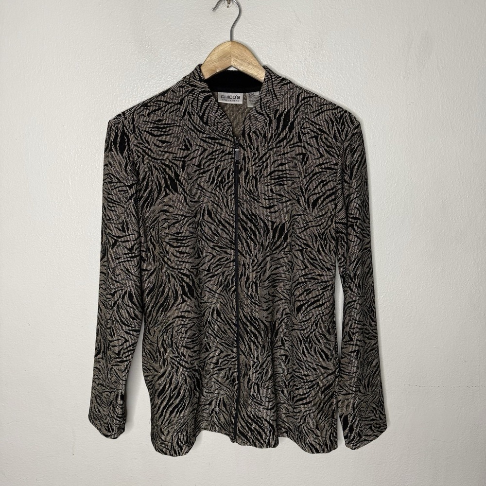 Chicos Travelers Gold Black Full Zip Animal Cardigan Size 1 Women's US Medium